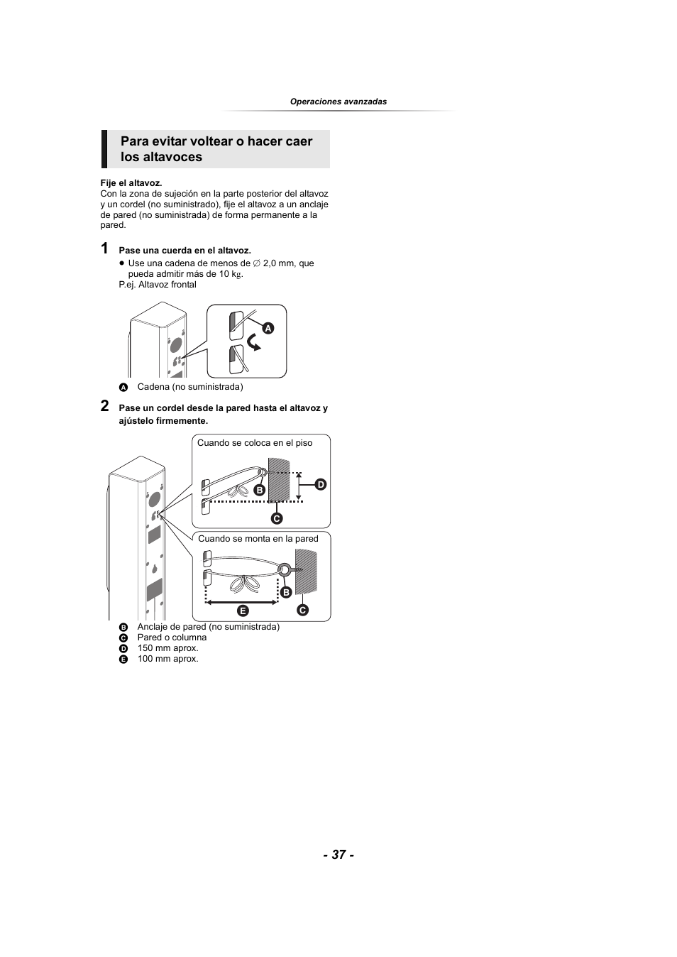 Para evitar voltear o hacer caer los altavoces | Panasonic SCBTT865EG User Manual | Page 37 / 48