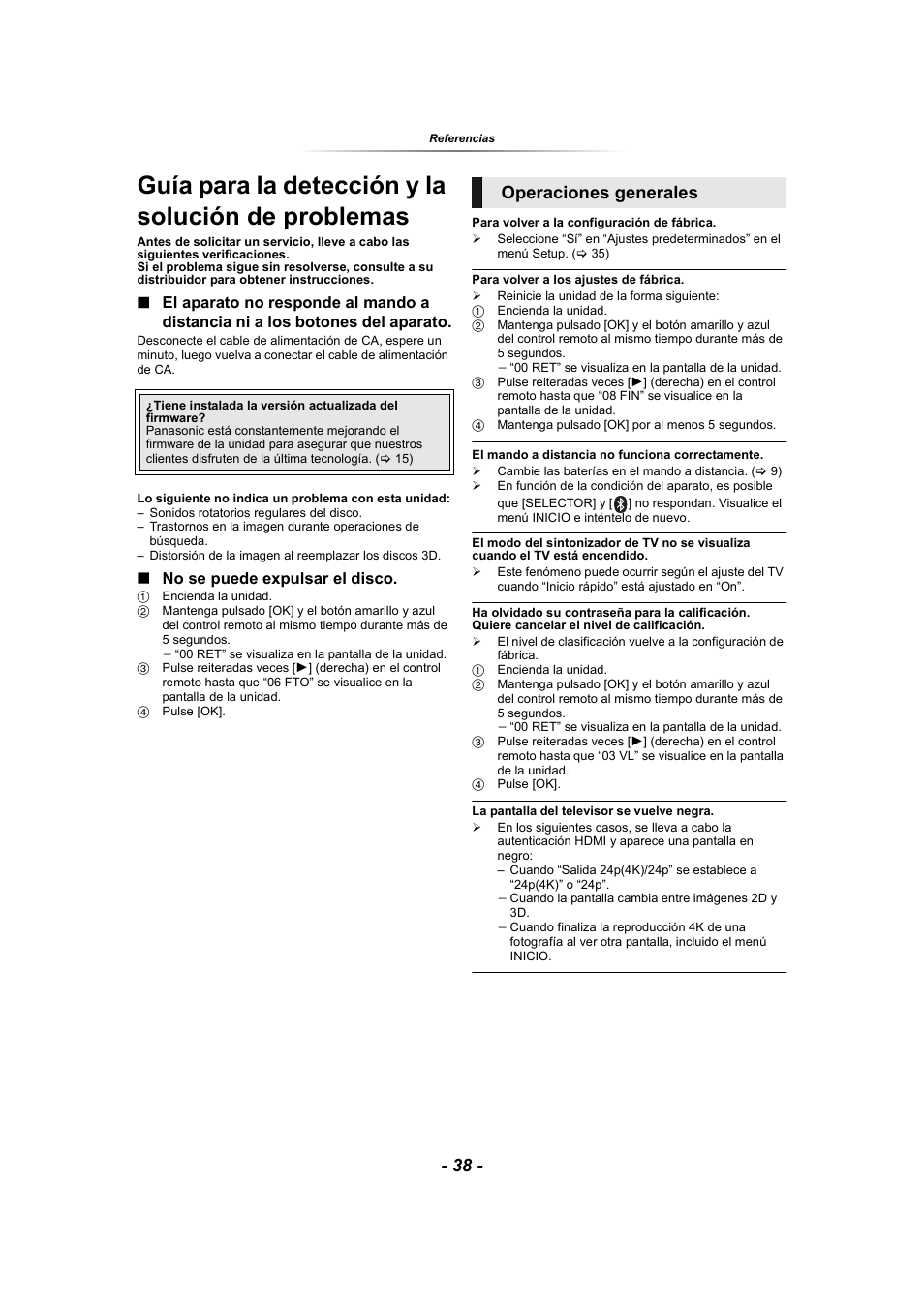 Referencias, Guía para la detección y la solución de problemas, Operaciones generales | No se puede expulsar el disco | Panasonic SCBTT865EG User Manual | Page 38 / 48