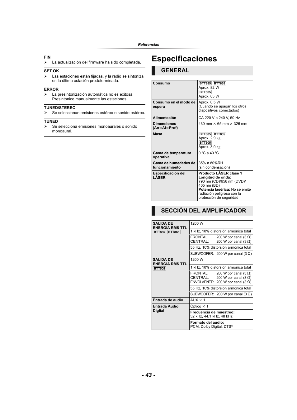 Especificaciones, General, Sección del amplificador | Panasonic SCBTT865EG User Manual | Page 43 / 48