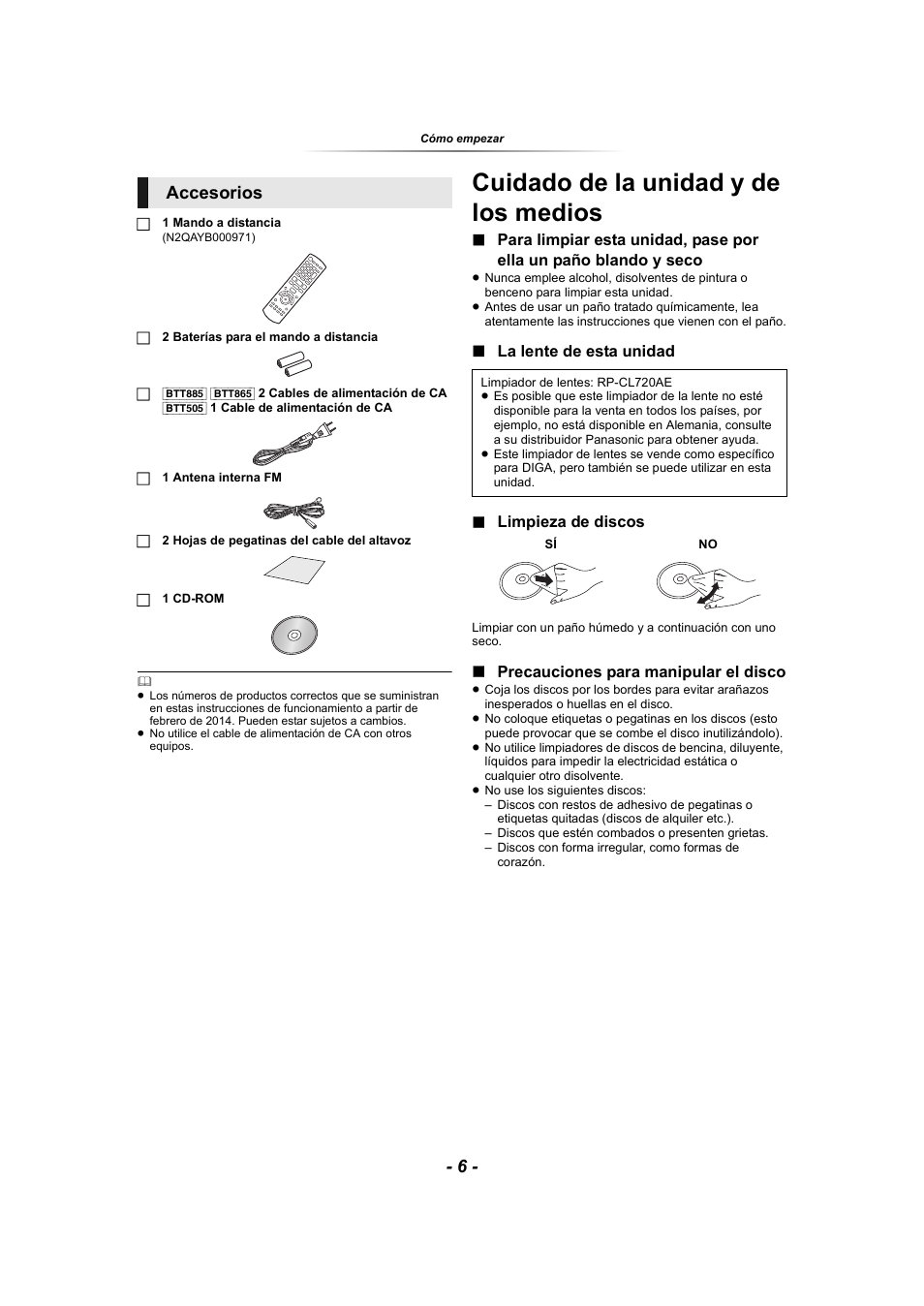 Cuidado de la unidad y de los medios, Accesorios | Panasonic SCBTT865EG User Manual | Page 6 / 48