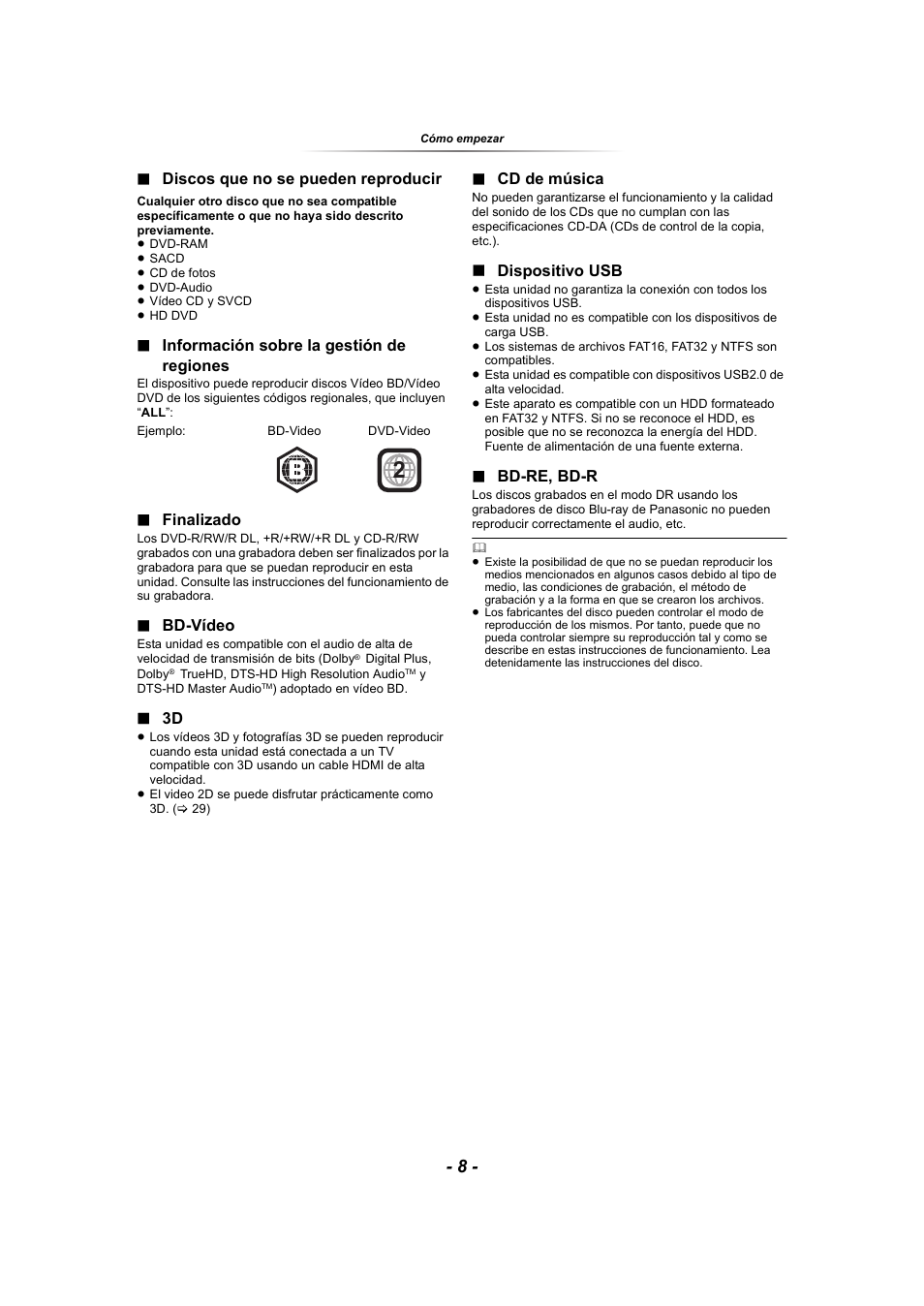 Discos que no se pueden reproducir, Información sobre la gestión de regiones, Finalizado | Bd-vídeo, Cd de música, Dispositivo usb, Bd-re, bd-r | Panasonic SCBTT865EG User Manual | Page 8 / 48