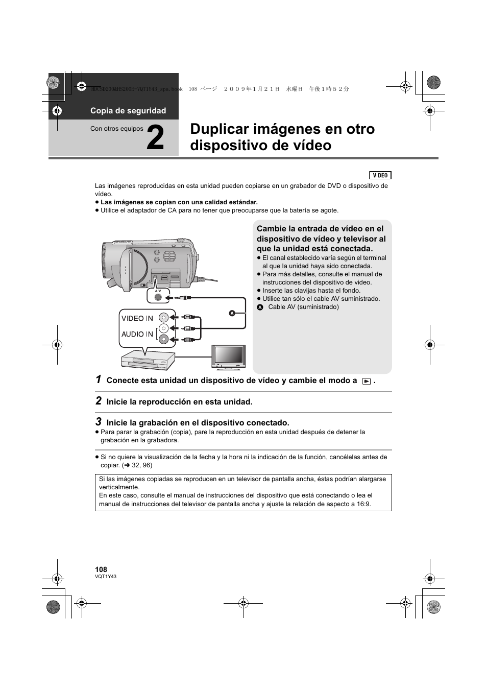 Duplicar imágenes en otro dispositivo de vídeo | Panasonic HDCHS200 User Manual | Page 108 / 144