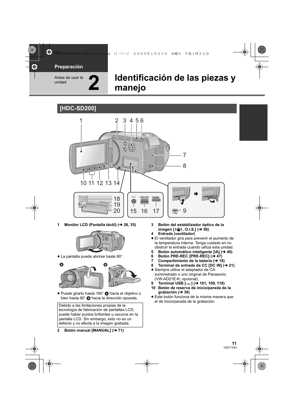 Identificación de las piezas y manejo, Hdc-sd200 | Panasonic HDCHS200 User Manual | Page 11 / 144