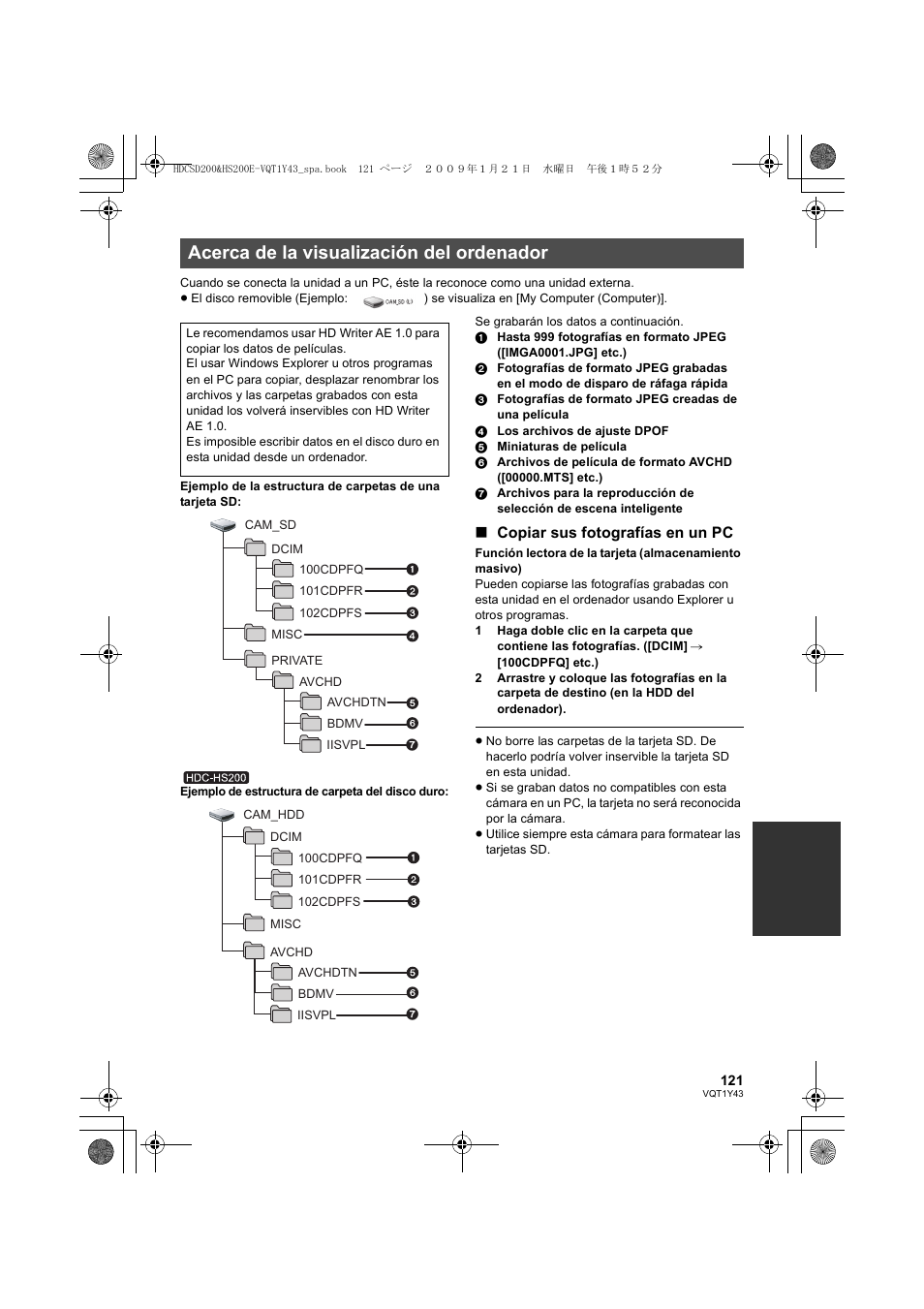 Acerca de la visualización del ordenador, Copiar sus fotografías en un pc | Panasonic HDCHS200 User Manual | Page 121 / 144