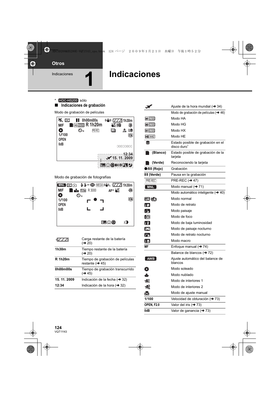 Indicaciones, R 1h20m, Otros | Indicaciones de grabación | Panasonic HDCHS200 User Manual | Page 124 / 144