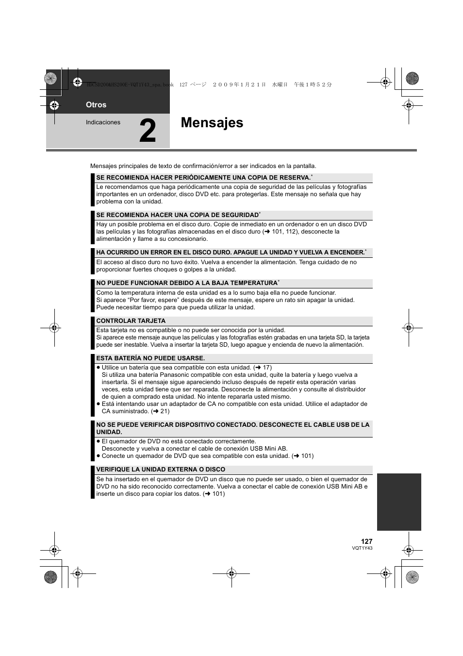 Mensajes | Panasonic HDCHS200 User Manual | Page 127 / 144
