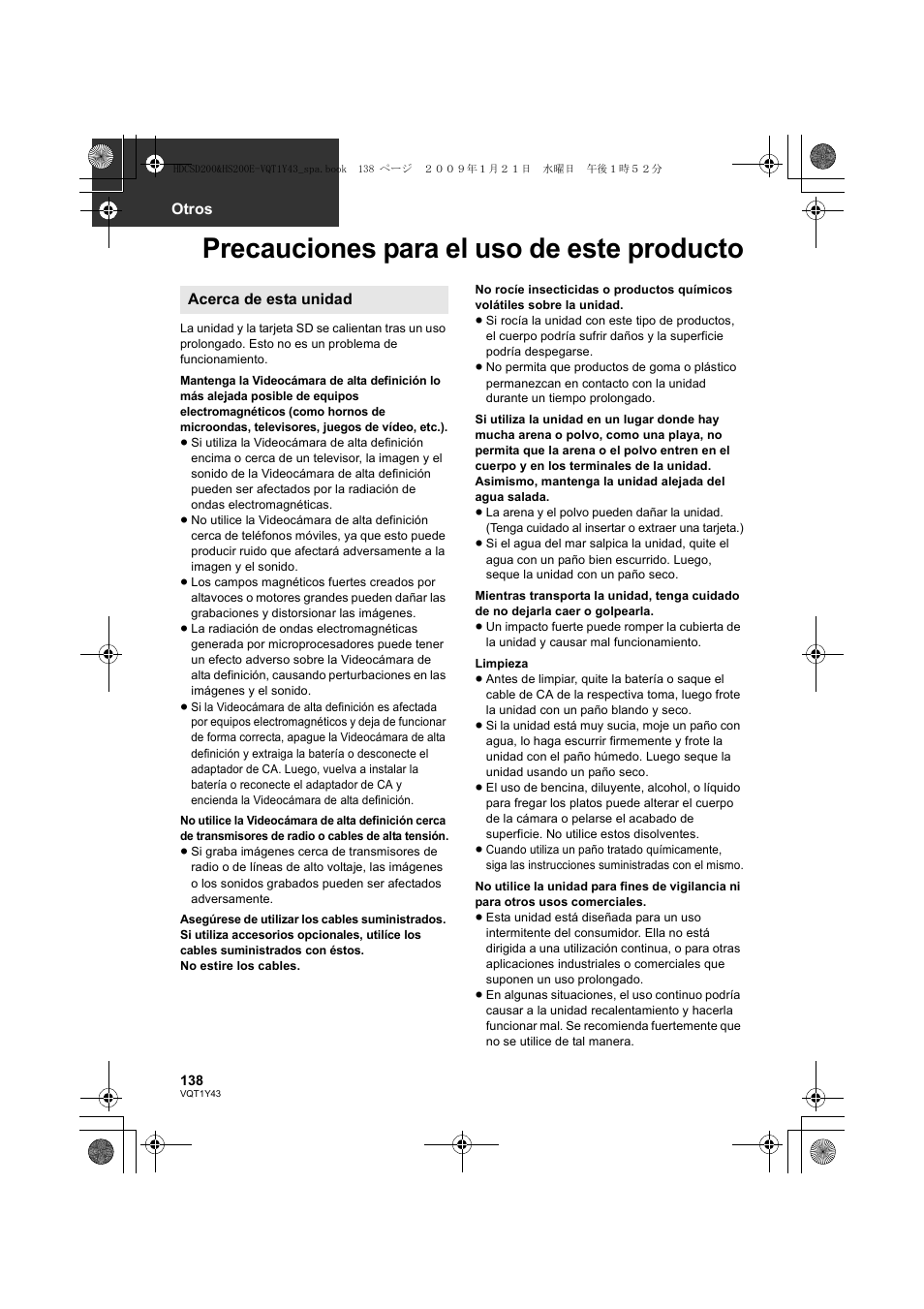 Precauciones para el uso de este producto, Otros, Acerca de esta unidad | Panasonic HDCHS200 User Manual | Page 138 / 144