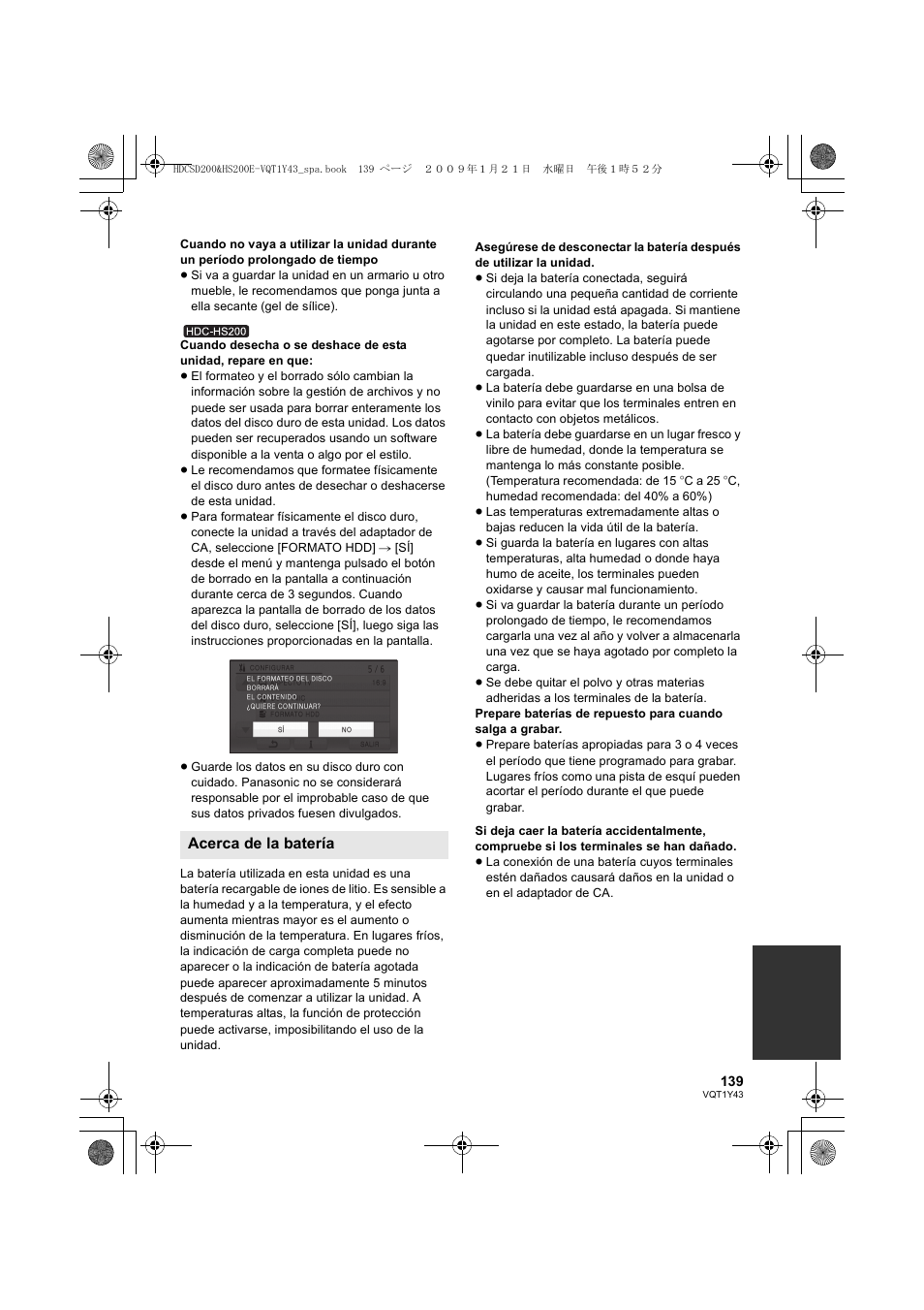 Acerca de la batería | Panasonic HDCHS200 User Manual | Page 139 / 144