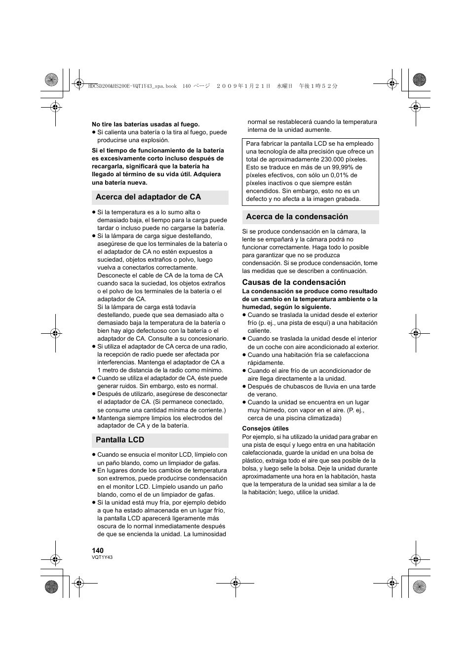 Causas de la condensación, Acerca del adaptador de ca pantalla lcd, Acerca de la condensación | Panasonic HDCHS200 User Manual | Page 140 / 144