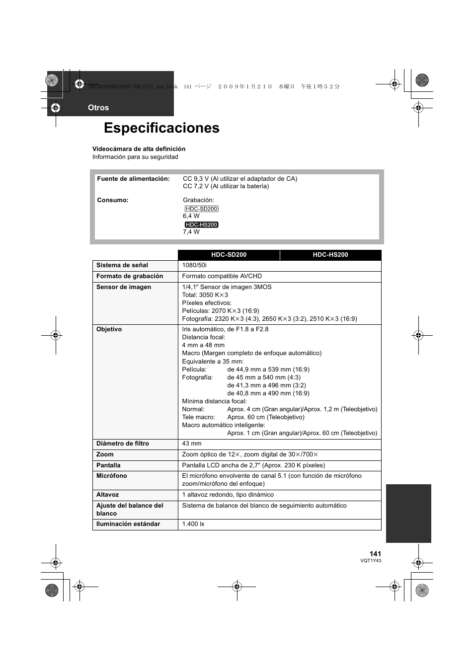 Especificaciones, Otros | Panasonic HDCHS200 User Manual | Page 141 / 144