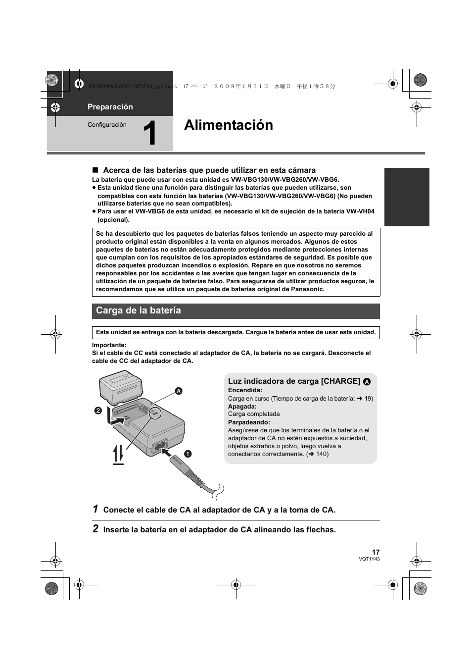 Alimentación, Carga de la batería | Panasonic HDCHS200 User Manual | Page 17 / 144