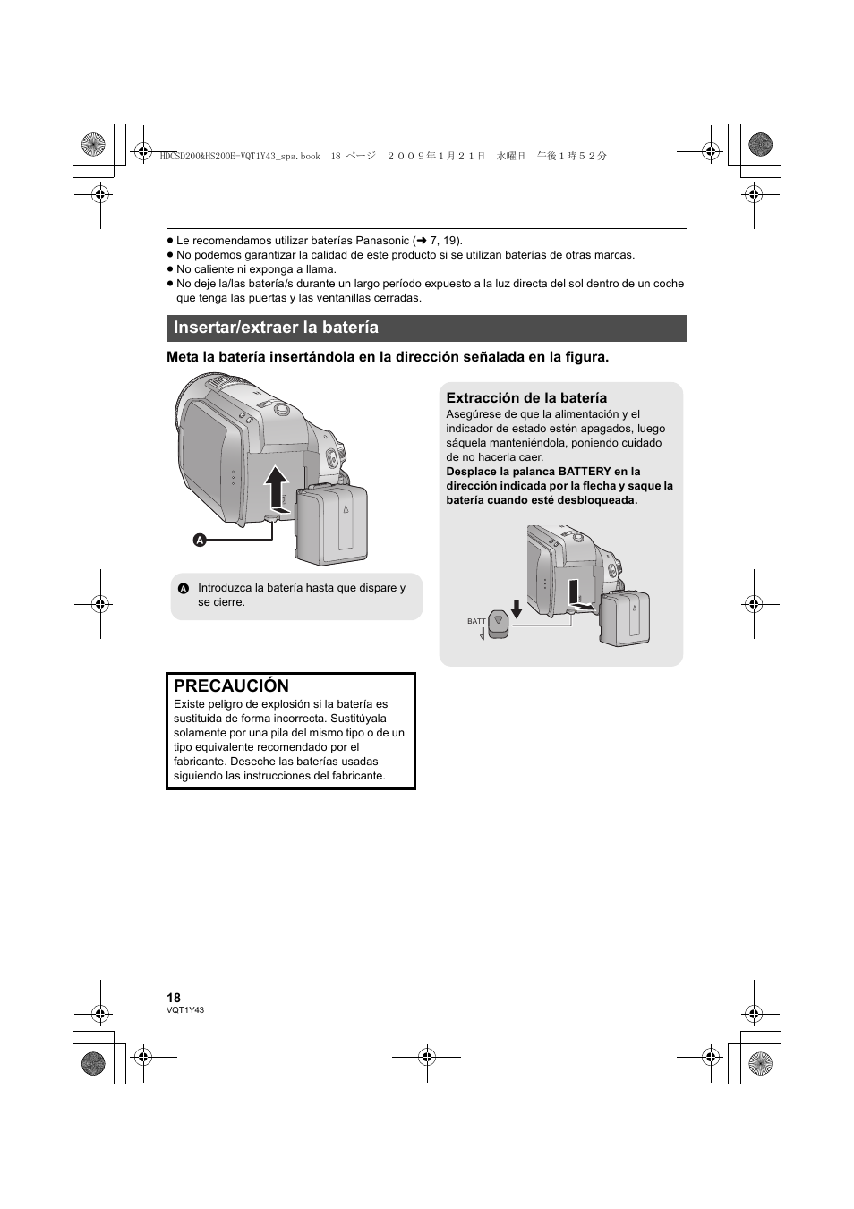 Insertar/extraer la batería, Precaución | Panasonic HDCHS200 User Manual | Page 18 / 144