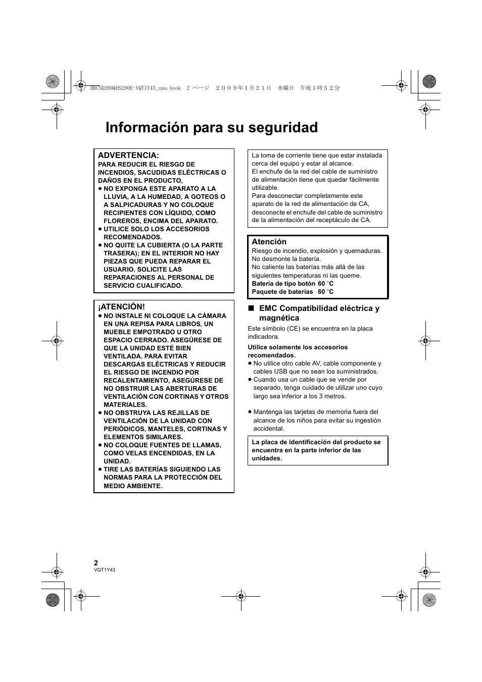 Información para su seguridad | Panasonic HDCHS200 User Manual | Page 2 / 144