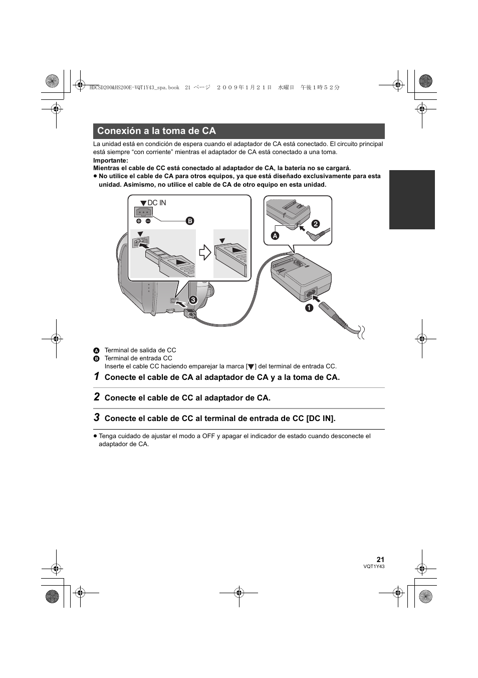 Conexión a la toma de ca | Panasonic HDCHS200 User Manual | Page 21 / 144