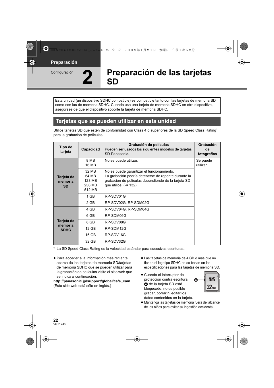 Preparación de las tarjetas sd, Tarjetas que se pueden utilizar en esta unidad | Panasonic HDCHS200 User Manual | Page 22 / 144