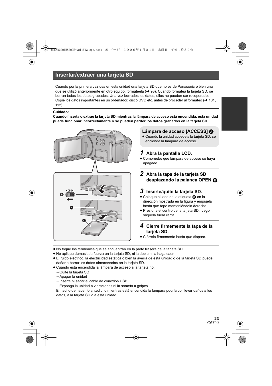 Insertar/extraer una tarjeta sd | Panasonic HDCHS200 User Manual | Page 23 / 144