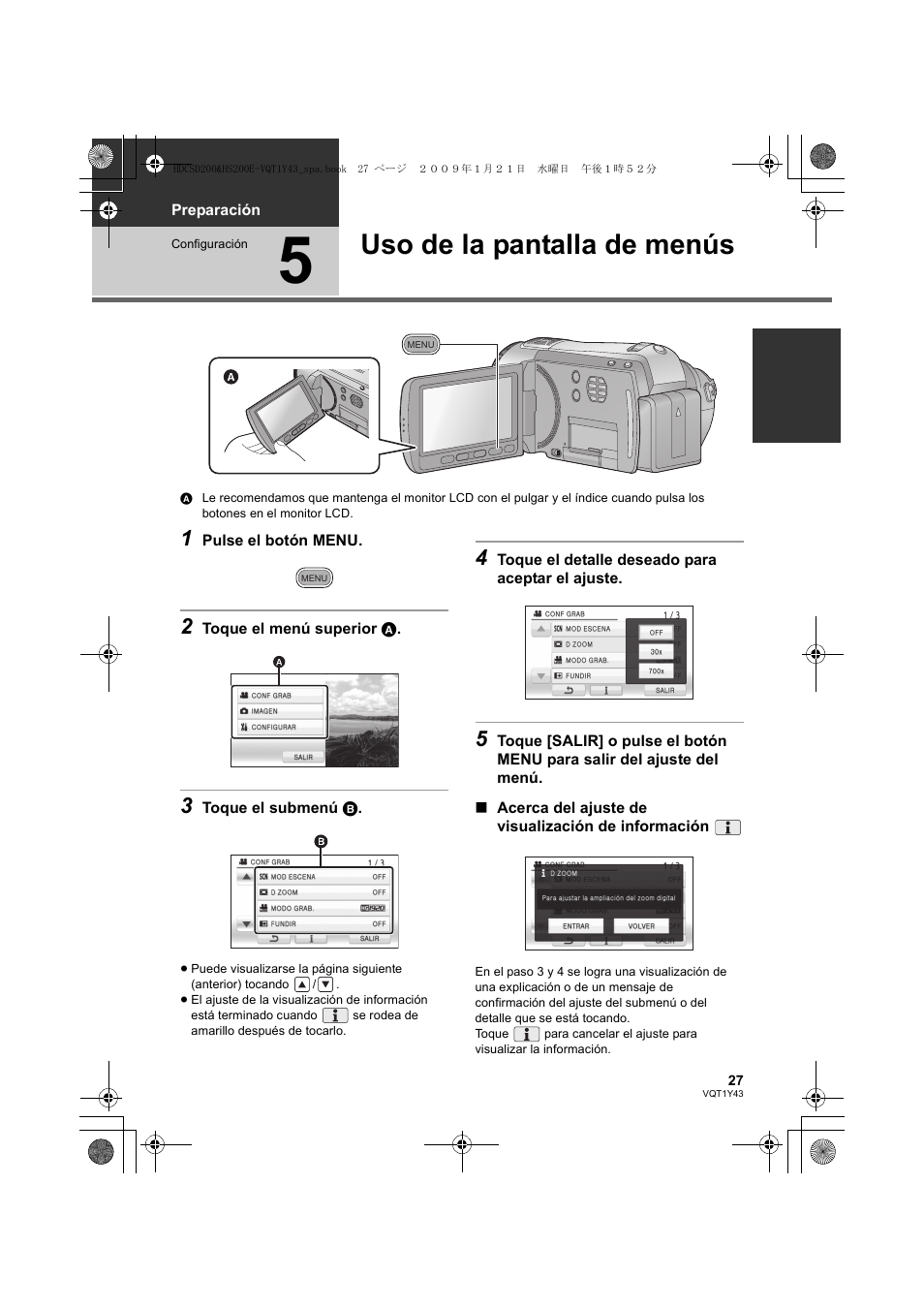 Uso de la pantalla de menús | Panasonic HDCHS200 User Manual | Page 27 / 144