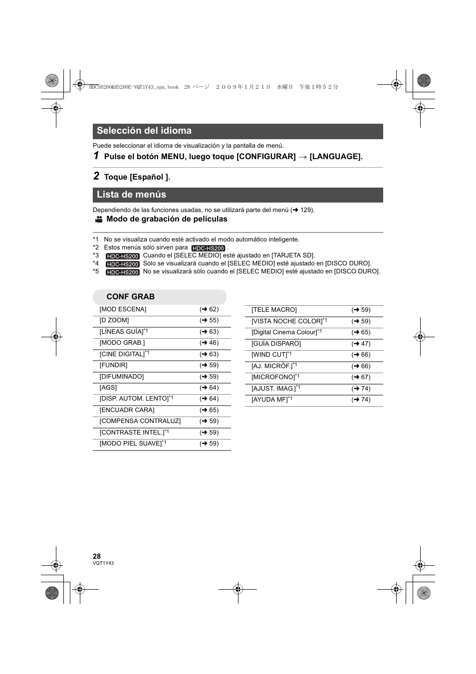 Selección del idioma lista de menús, Toque [español, Modo de grabación de películas | Conf grab | Panasonic HDCHS200 User Manual | Page 28 / 144