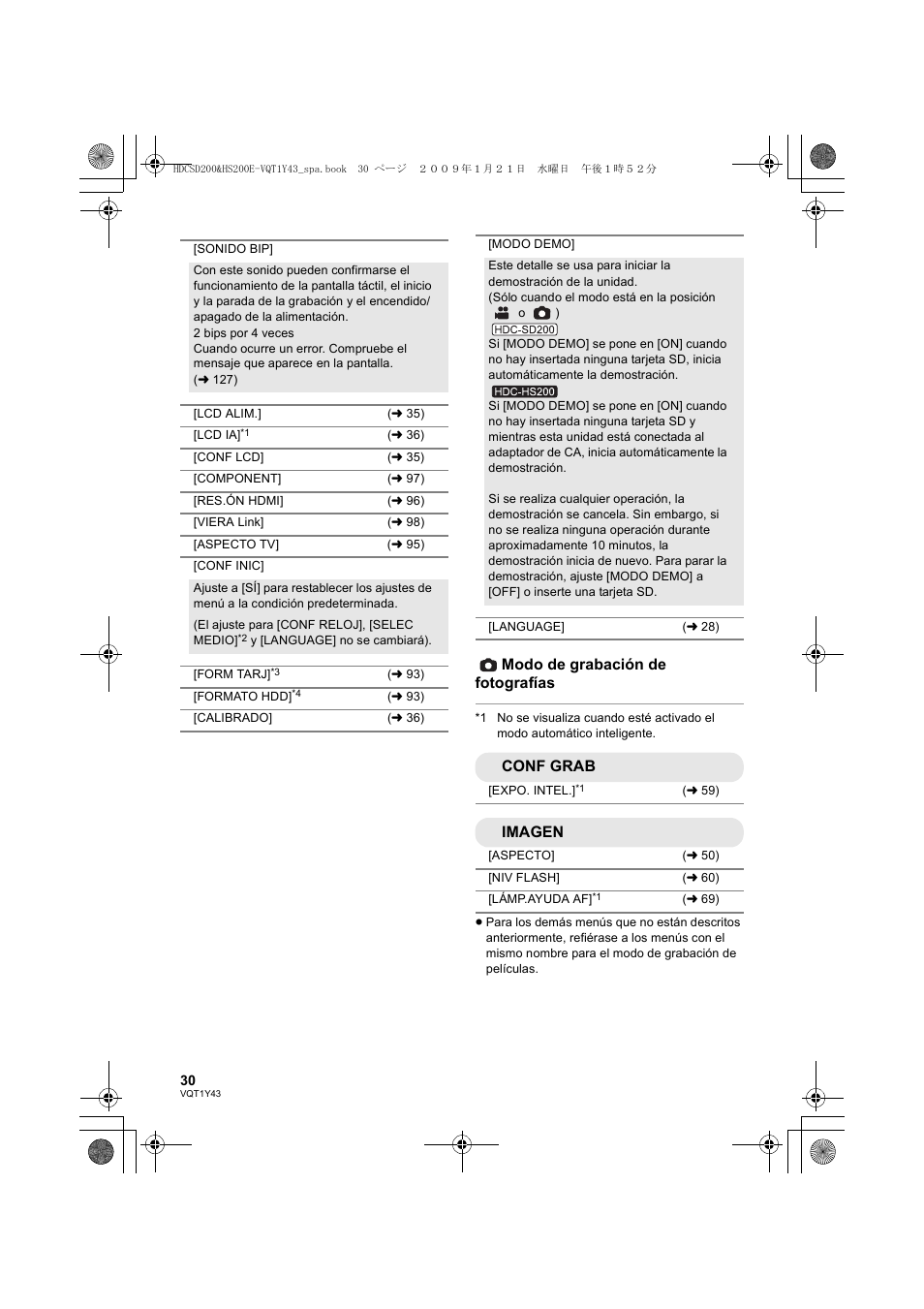 Modo de grabación de fotografías, Conf grab, Imagen | Panasonic HDCHS200 User Manual | Page 30 / 144