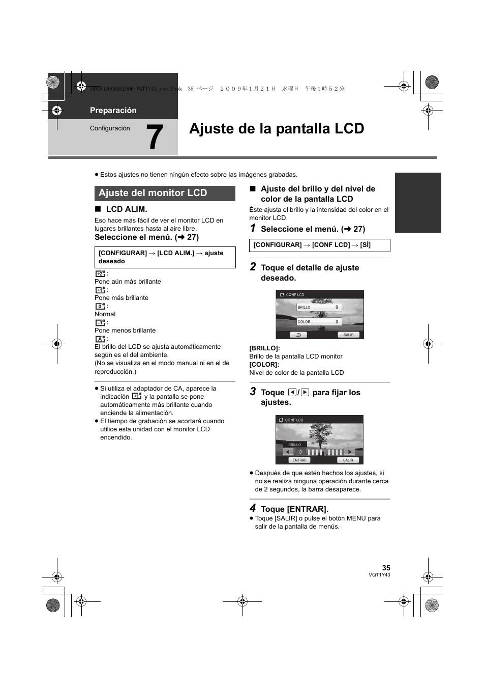Ajuste de la pantalla lcd, Ajuste del monitor lcd | Panasonic HDCHS200 User Manual | Page 35 / 144