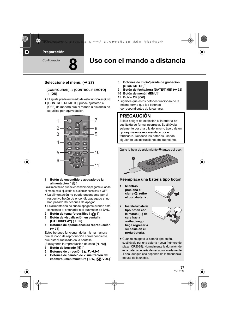 Uso con el mando a distancia, Preparación, Seleccione el menú. ( l 27) | Reemplace una batería tipo botón | Panasonic HDCHS200 User Manual | Page 37 / 144
