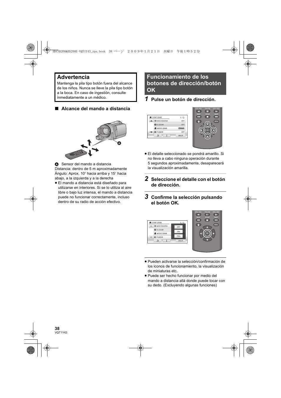 Advertencia, Alcance del mando a distancia, Pulse un botón de dirección | Seleccione el detalle con el botón de dirección, Confirme la selección pulsando el botón ok | Panasonic HDCHS200 User Manual | Page 38 / 144