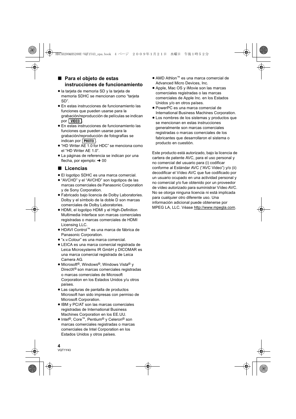 Licencias | Panasonic HDCHS200 User Manual | Page 4 / 144