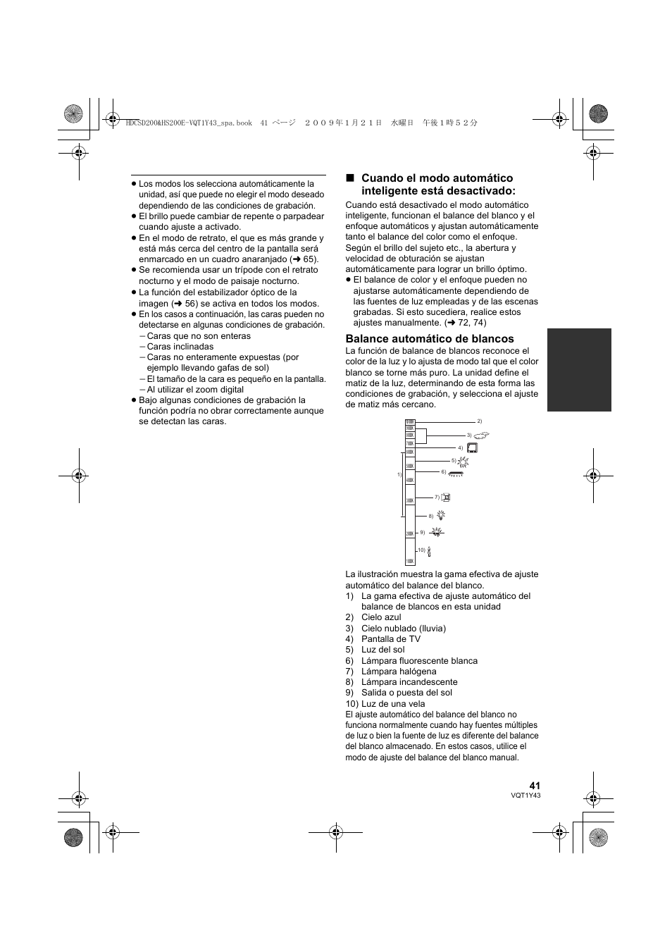 Balance automático de blancos | Panasonic HDCHS200 User Manual | Page 41 / 144