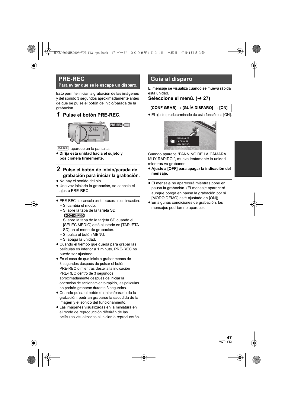 Pre-rec, Guía al disparo | Panasonic HDCHS200 User Manual | Page 47 / 144