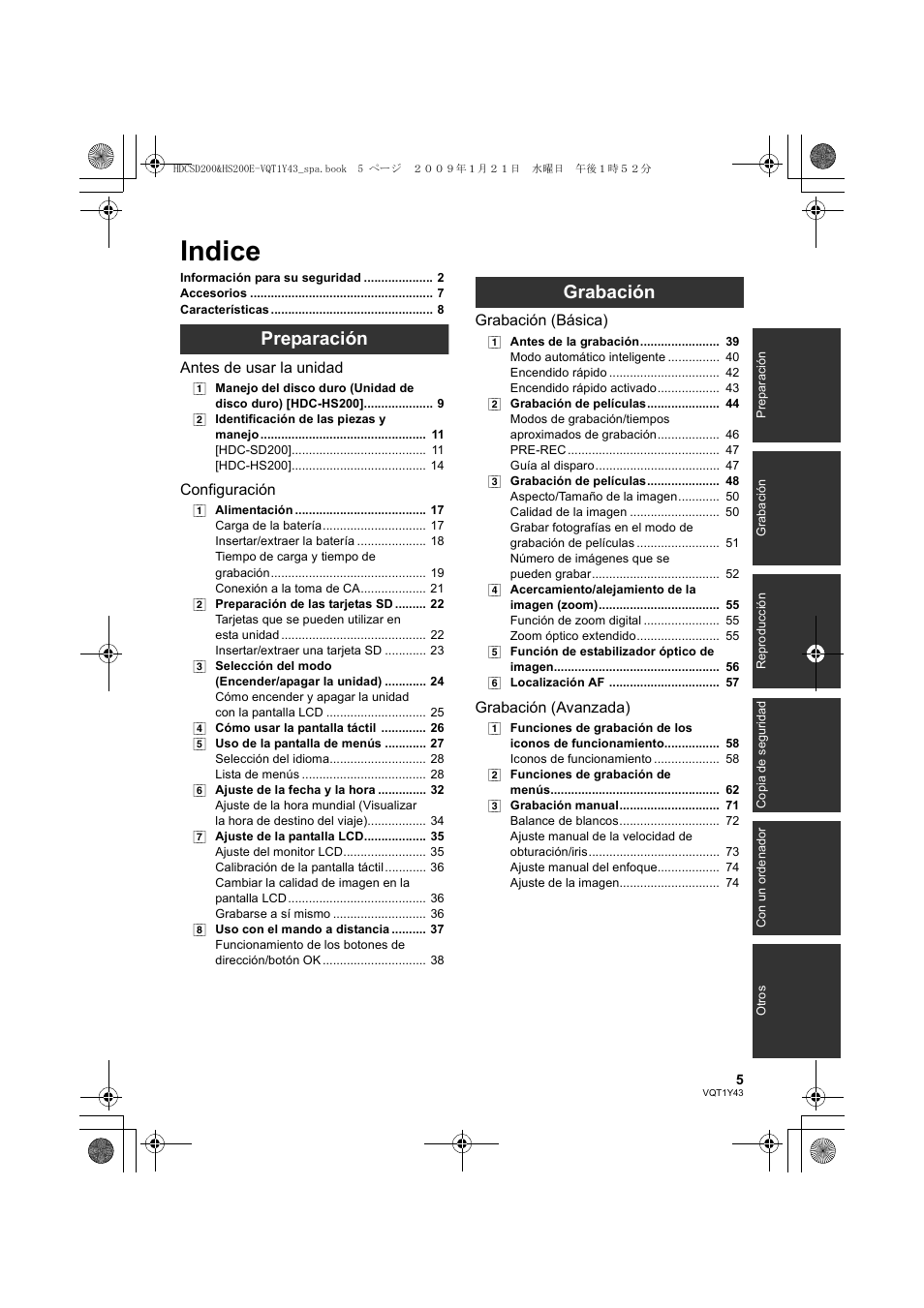 Indice, Preparación, Grabación | Panasonic HDCHS200 User Manual | Page 5 / 144