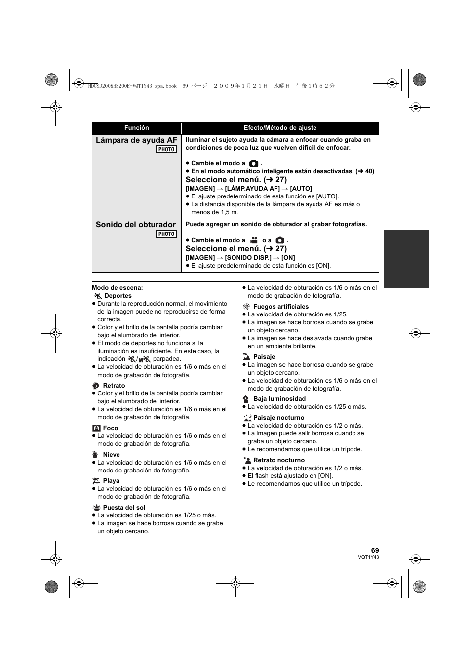 Lámpara de ayuda af, Seleccione el menú. ( l 27), Sonido del obturador | Panasonic HDCHS200 User Manual | Page 69 / 144