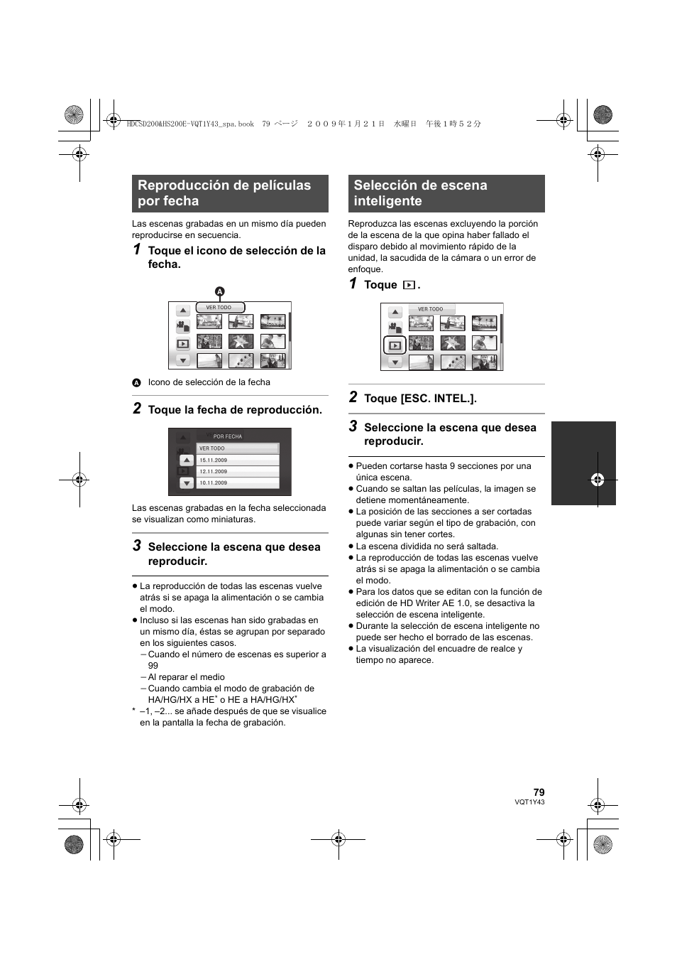 Reproducción de películas por fecha, Selección de escena inteligente | Panasonic HDCHS200 User Manual | Page 79 / 144