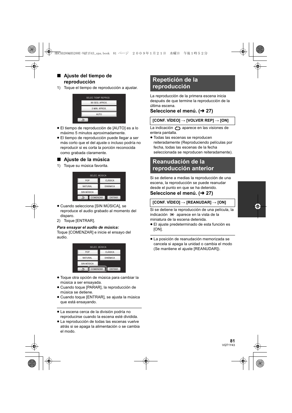 Repetición de la reproducción, Reanudación de la reproducción anterior | Panasonic HDCHS200 User Manual | Page 81 / 144