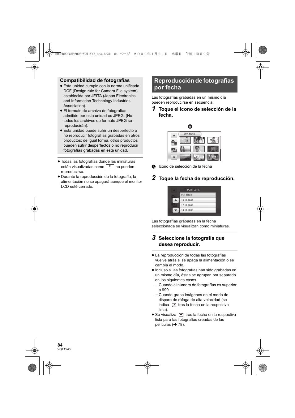 Reproducción de fotografías por fecha | Panasonic HDCHS200 User Manual | Page 84 / 144