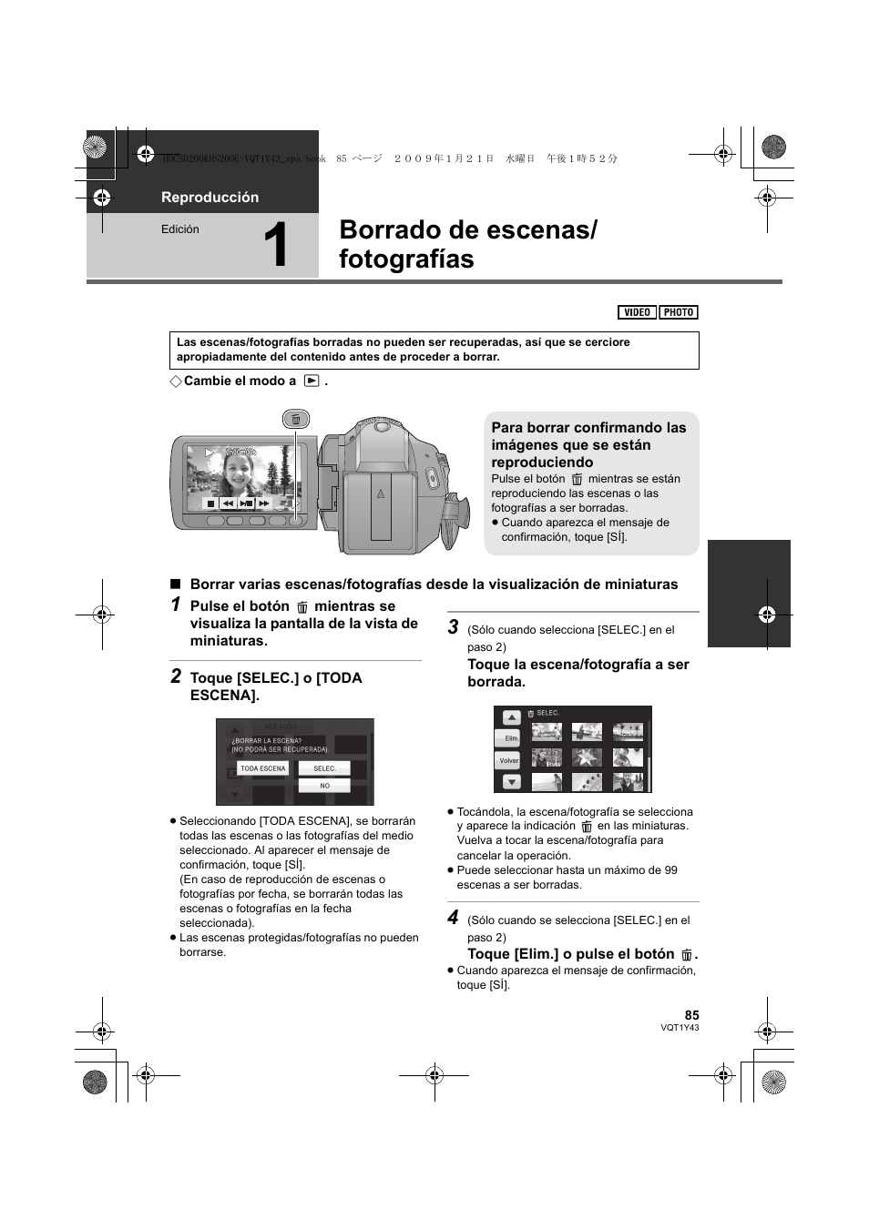 Borrado de escenas/ fotografías | Panasonic HDCHS200 User Manual | Page 85 / 144