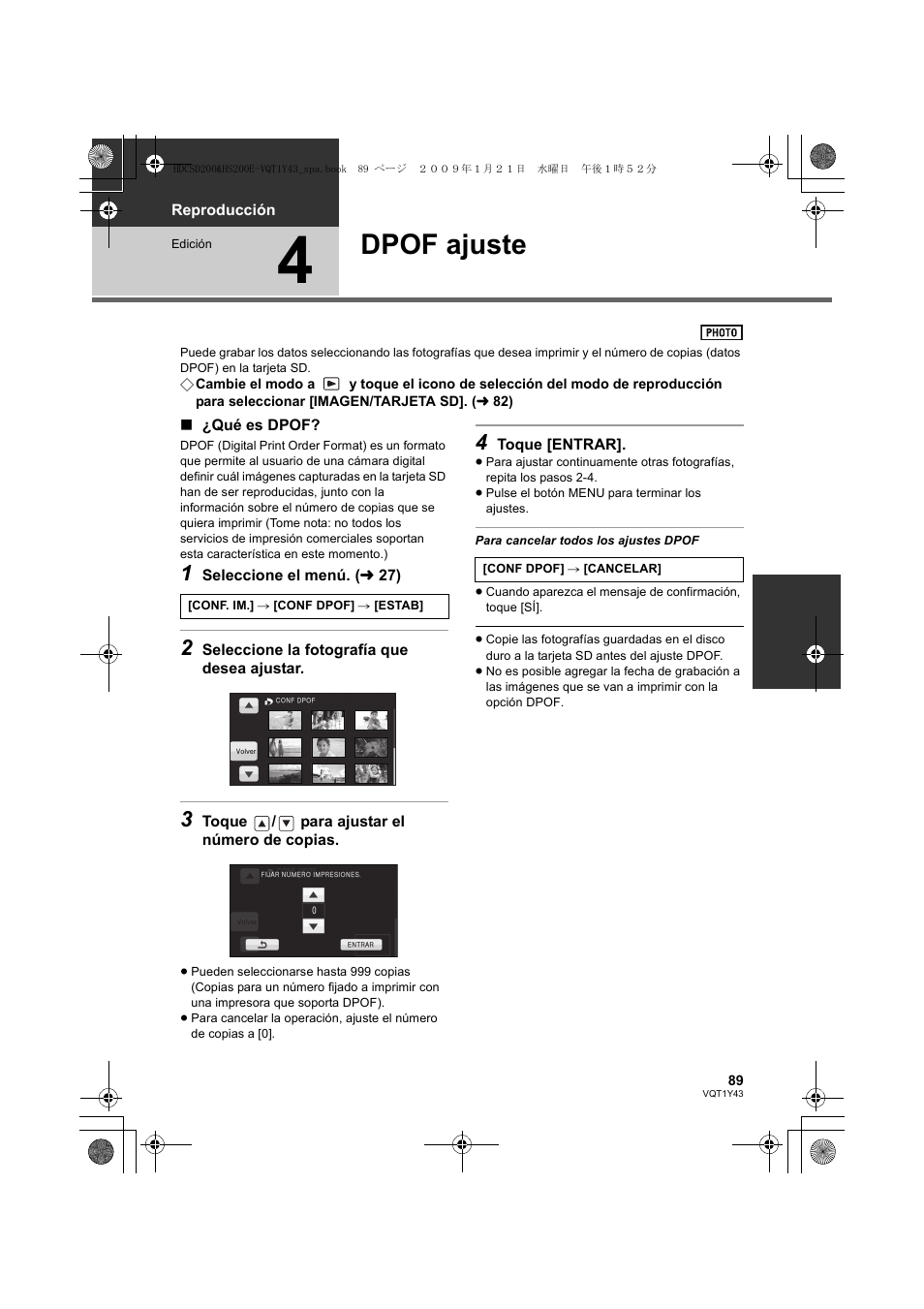 Dpof ajuste | Panasonic HDCHS200 User Manual | Page 89 / 144