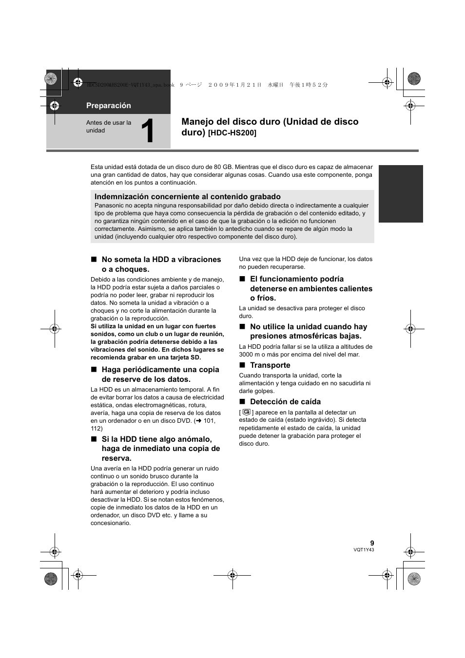 Manejo del disco duro (unidad de disco duro) | Panasonic HDCHS200 User Manual | Page 9 / 144