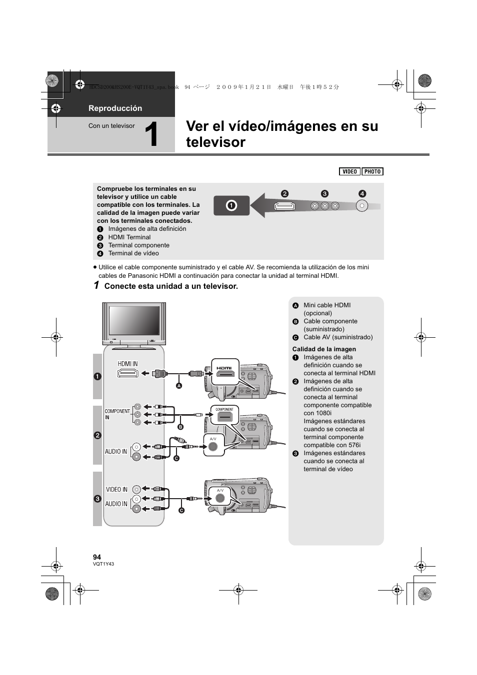 Ver el vídeo/imágenes en su televisor | Panasonic HDCHS200 User Manual | Page 94 / 144