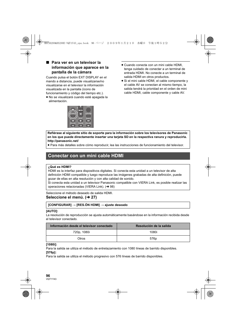 Conectar con un mini cable hdmi, Seleccione el menú. ( l 27) | Panasonic HDCHS200 User Manual | Page 96 / 144
