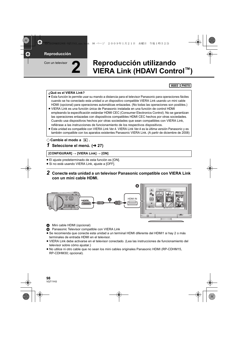 Reproducción utilizando viera link (hdavi control | Panasonic HDCHS200 User Manual | Page 98 / 144