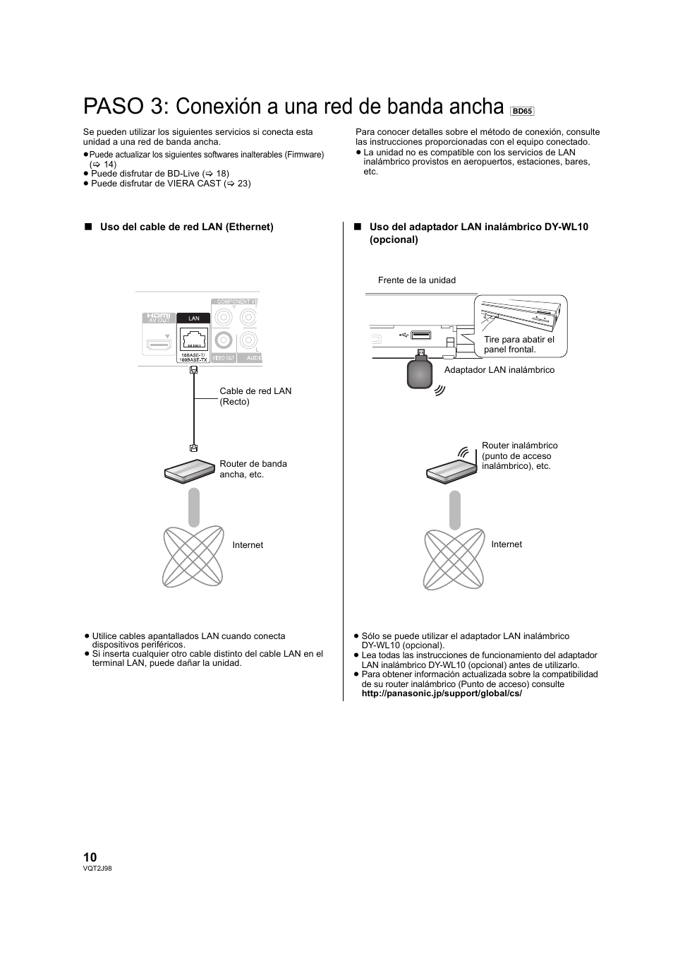 Paso 3: conexión a una red de banda ancha [bd65, Paso 3: conexión a una red, De banda ancha | Bd65, Paso 3: conexión a una red de banda ancha | Panasonic DMPBD45EG User Manual | Page 10 / 40