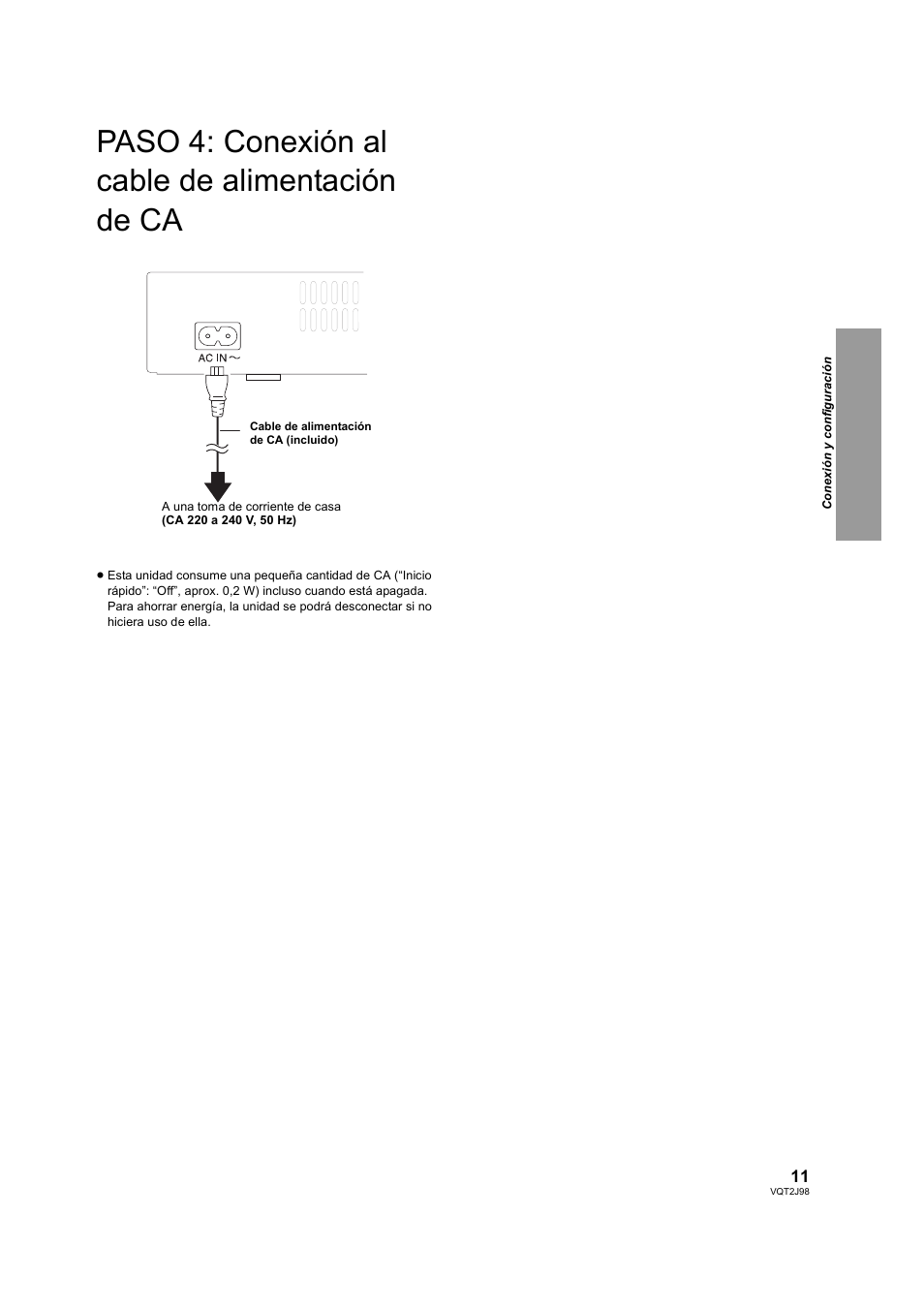 Paso 4: conexión al cable de alimentación de ca, Paso 4: conexión al cable de, Alimentación de ca | Panasonic DMPBD45EG User Manual | Page 11 / 40