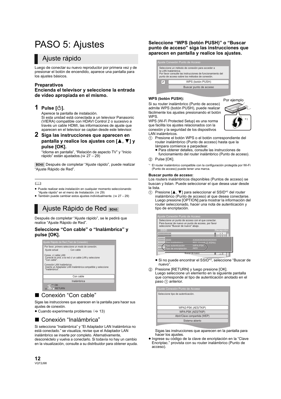 Paso 5: ajustes, Unidad (> 12), Ajuste rápido ajuste rápido de red | Conexión “con cable, Conexión “inalámbrica | Panasonic DMPBD45EG User Manual | Page 12 / 40