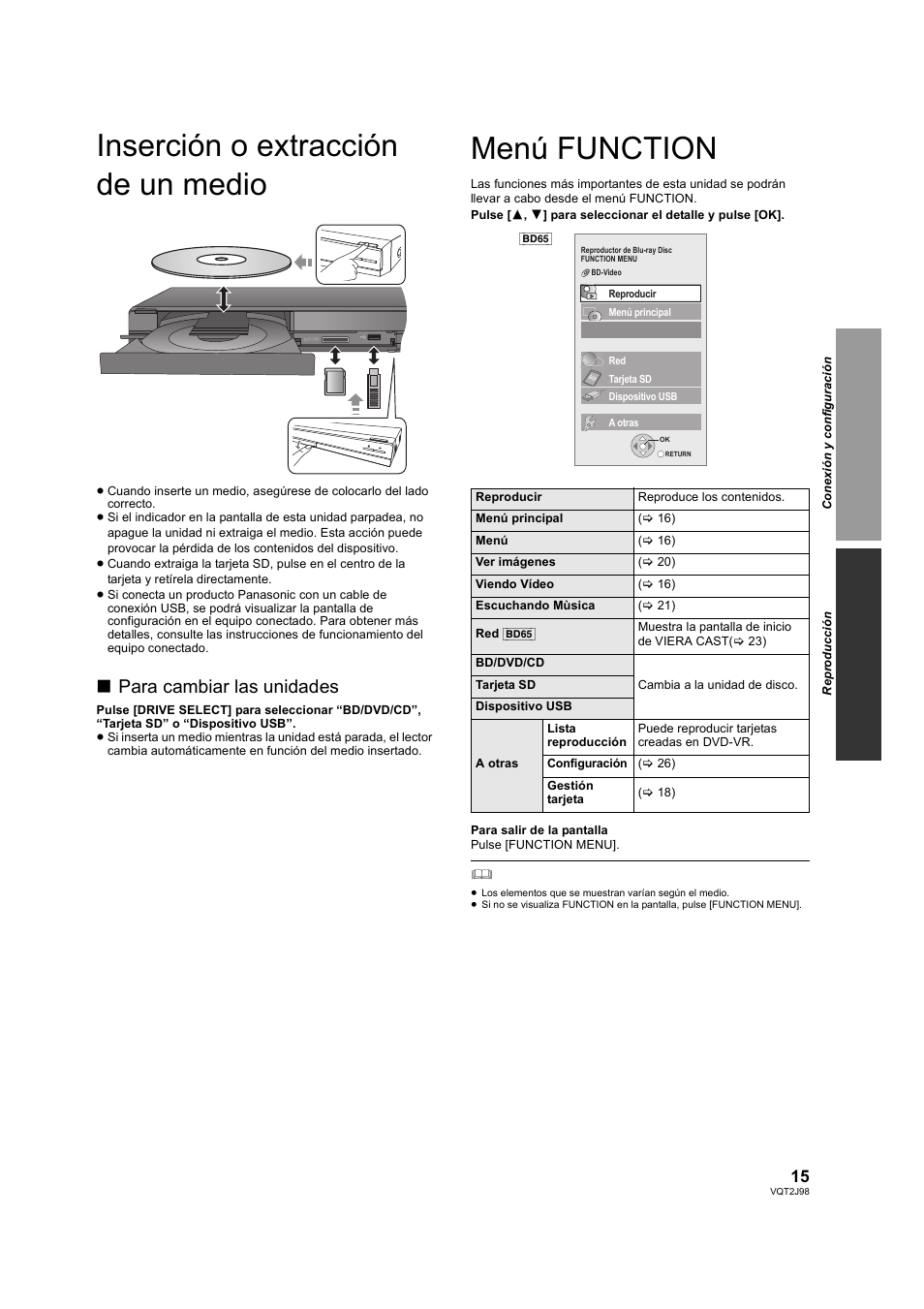 Reproducción, Inserción o extracción de un medio, Menú function | Rodu, Inserción o extracción de un medio menú functions, Para cambiar las unidades | Panasonic DMPBD45EG User Manual | Page 15 / 40