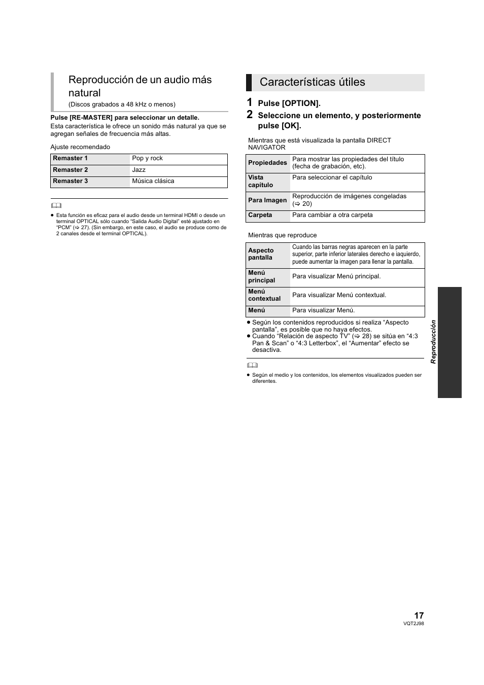 Características útiles, Reproducción de un audio más natural | Panasonic DMPBD45EG User Manual | Page 17 / 40