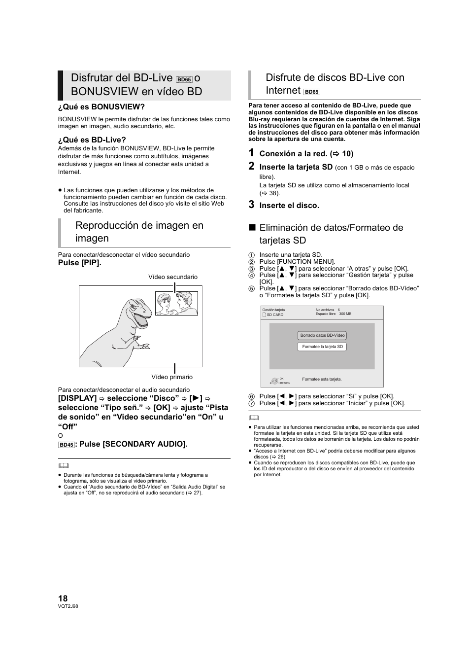 Imagen) (> 18), Cundario (> 18), Disfrutar del bd-live | Obonusview en vídeo bd, Reproducción de imagen en imagen, Disfrute de discos bd-live con internet, Eliminación de datos/formateo de tarjetas sd | Panasonic DMPBD45EG User Manual | Page 18 / 40