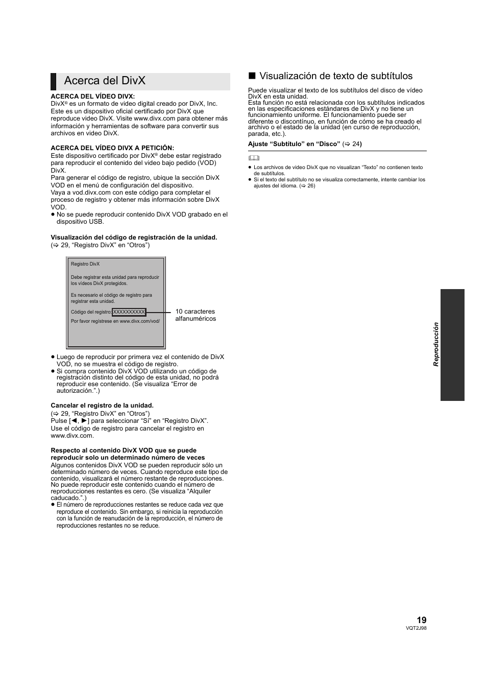 Acerca del divx, Visualización de texto de subtítulos | Panasonic DMPBD45EG User Manual | Page 19 / 40