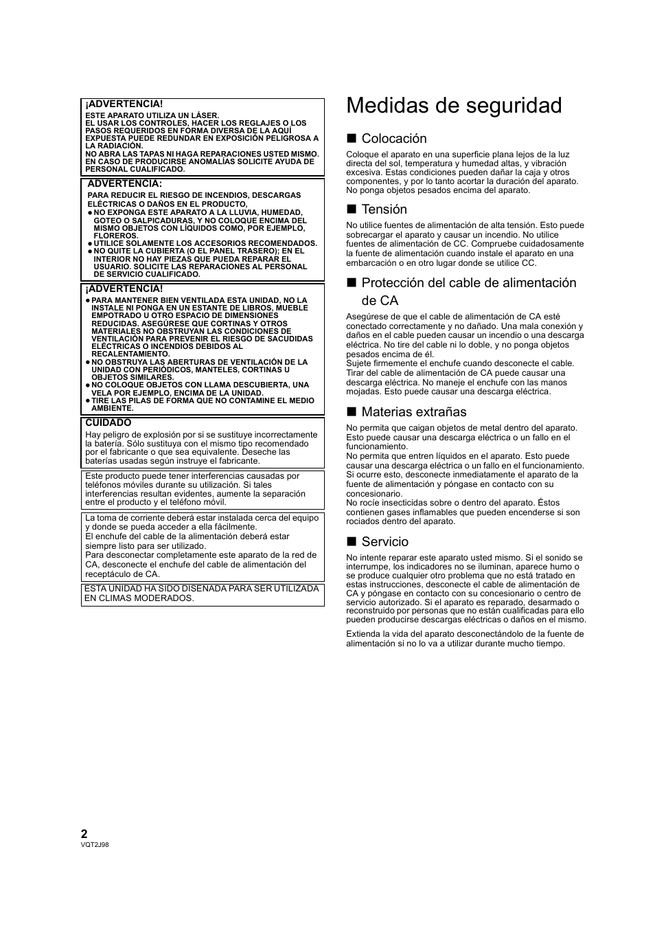 Medidas de seguridad, Colocación, Tensión | Protección del cable de alimentación de ca, Materias extrañas, Servicio | Panasonic DMPBD45EG User Manual | Page 2 / 40