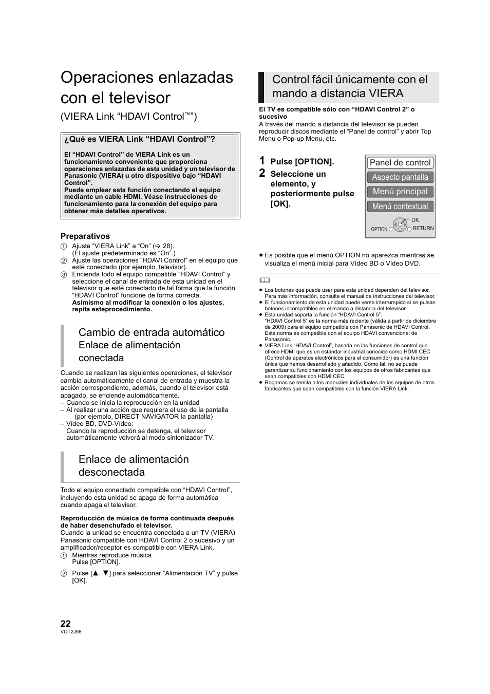 Rol” (> 22), Operaciones enlazadas con el televisor, Cambio de entrada automático | Enlace de alimentación desconectada, Viera link “hdavi control, Enlace de alimentación conectada | Panasonic DMPBD45EG User Manual | Page 22 / 40