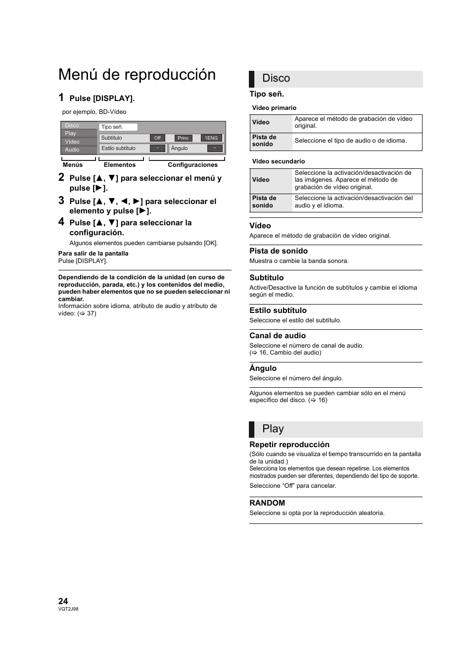 Ajustes, Menú de reproducción, Ón (> 24) | Disco, Play | Panasonic DMPBD45EG User Manual | Page 24 / 40